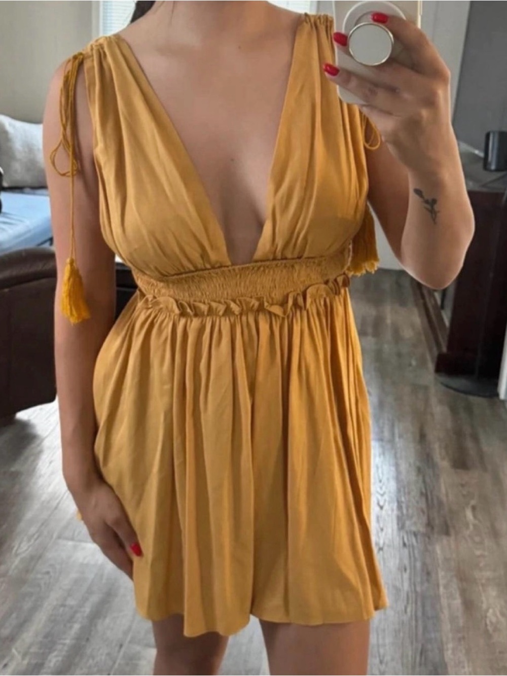 Cider Mustard Yellow V-Neck Smocked Mini Dress